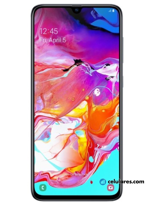 Imagens Varias vistas de Samsung Galaxy A70 Azul y Branco y Coral y Preto. Detalhes da tela: Varias vistas